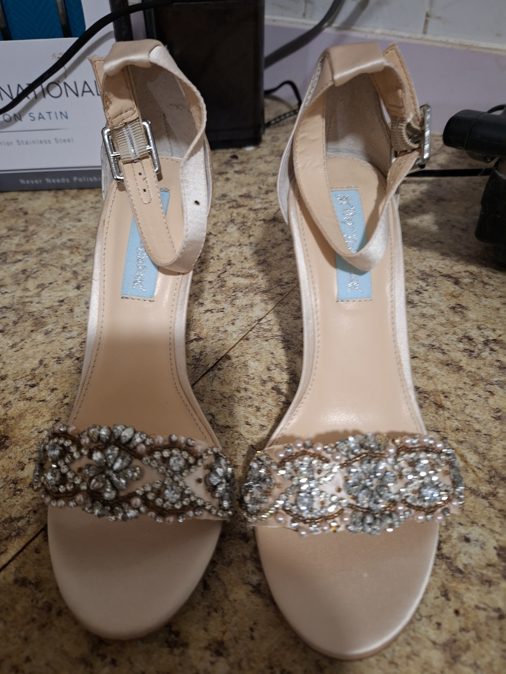 Betsey Johnson Blush Satin Crystal-Ankle Strap Heels